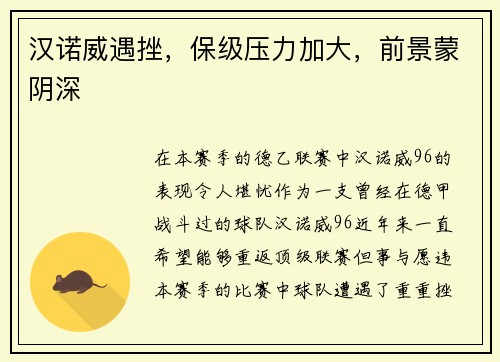 汉诺威遇挫，保级压力加大，前景蒙阴深