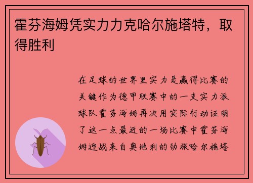 霍芬海姆凭实力力克哈尔施塔特，取得胜利
