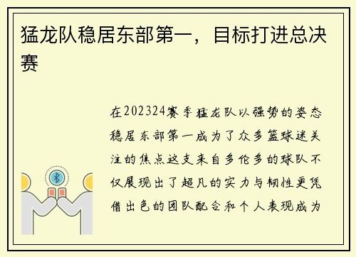 猛龙队稳居东部第一，目标打进总决赛